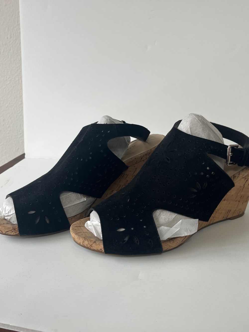 Isaac Mizrahi Black Suede Cutout Cork Wedge Sandals